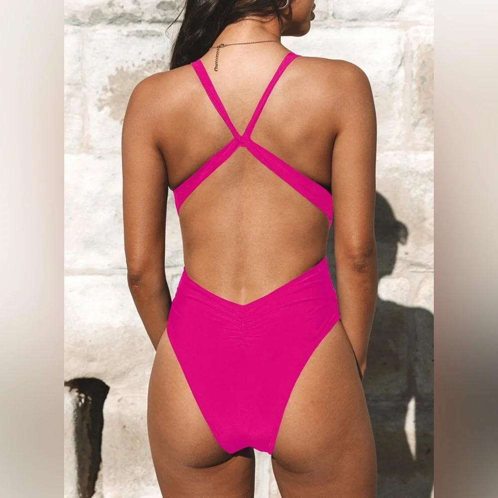 Cupshe Women’s Solid Plunge One Piece Swimsuit - Picture 3 of 5